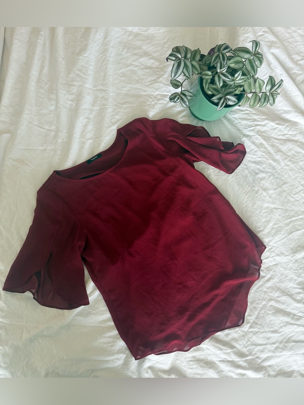 Women's Burgundy Short-Sleeve Chiffon-Sleeved Blouse